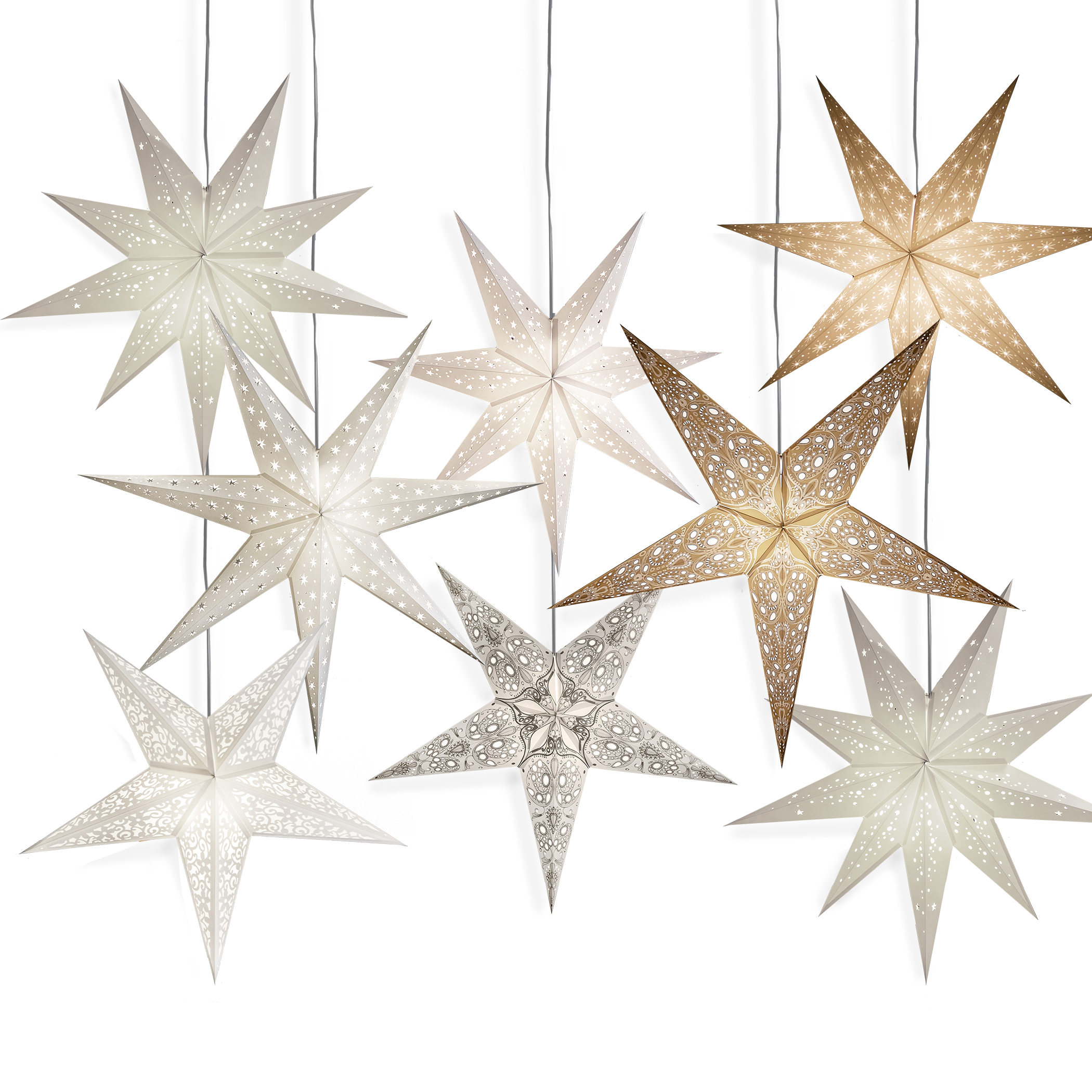 Set of 8 white and cream paper star lanterns